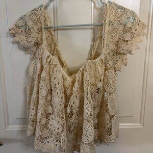 Tularosa Off the sholder Corchet Top xs Amelia lace cropped beige revolve